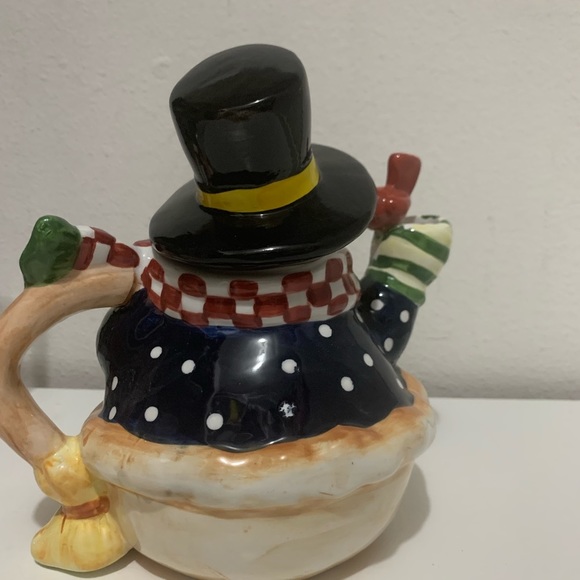 Vintage SNOWMAN Royal Seasons Teapot Red&White Checkered Scarf Red RobinBird - Picture 12 of 13